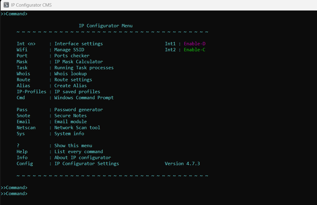 IP Configurator main menu in a Windows console